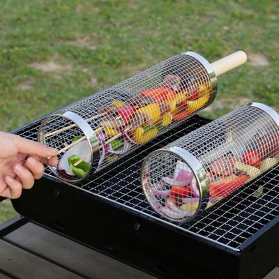 Cesto de Grelha para Churrasco Yousheng em Aço Inoxidável com Cabo de Madeira Gaiola Giratória para Cozimento Uniforme Legumes Frutos do Mar Carne Ferramenta de Churrasco para Camping