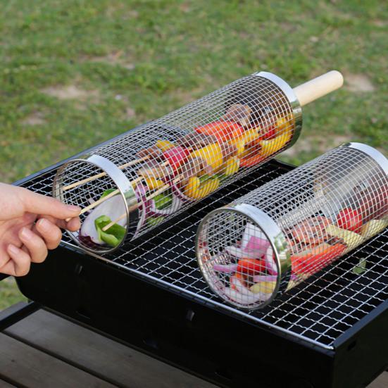 Yousheng Stainless Steel BBQ Grill Basket with Wooden Handle Rolling Cage for Even Cooking Vegetables Seafood Meat Camping Barbecue Tool