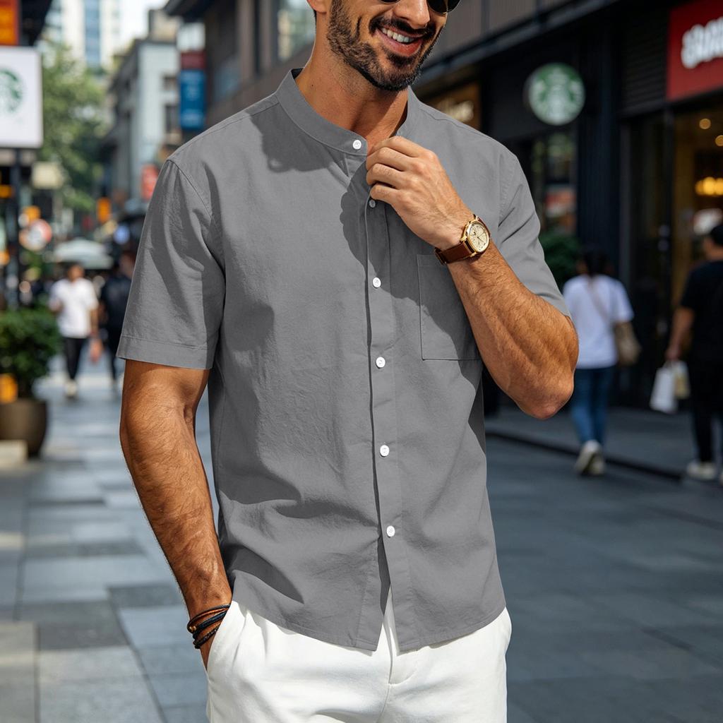 Mens Linen Shirt Short Sleeve Stand Collar Casual Loose Fit Breathable Lightweight Button Down Top with Chest Pocket