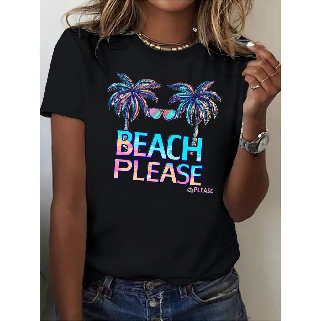 Colorful letters and coconut tree print short-sleeved Tees casual and versatile suitable for daily wear and going out in summer