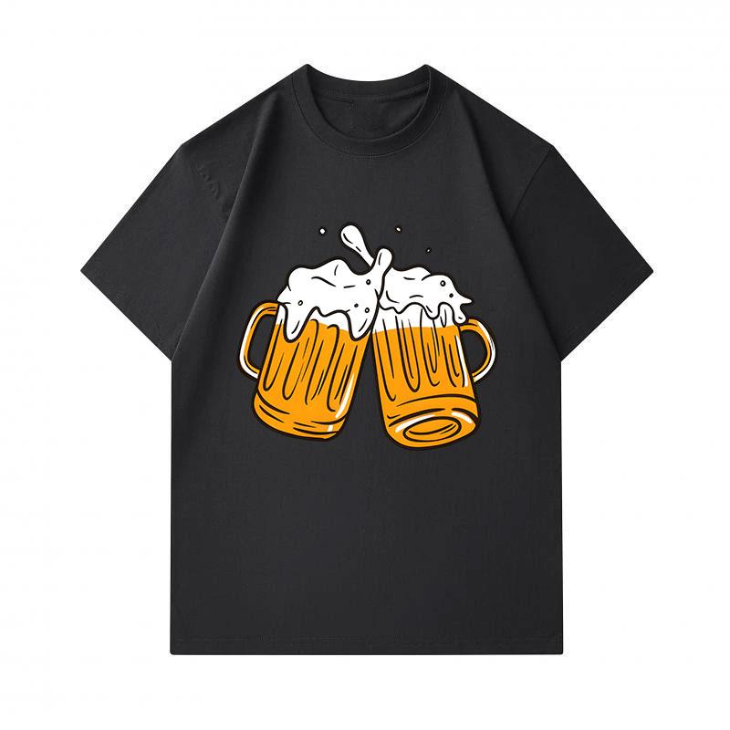 Men's 100% Cotton Crew Neck Short Sleeve T-Shirt, Funny Clinking Beer Mugs With Foam Print Casual Breathable Lightweight Summer Tee For Daily Party Dr