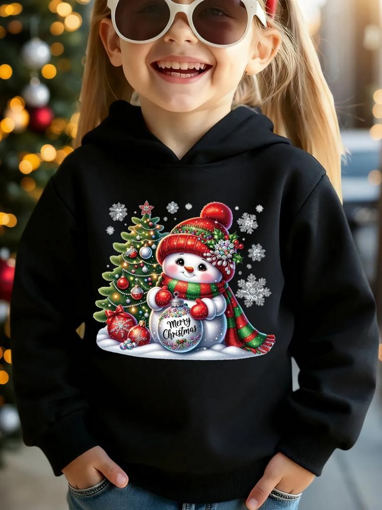 Children Christmas Hoodie Autumn Winter Holiday Sweatshirt Cartoon Snowman & Xmas Tree Print Casual Party Pullover Tops