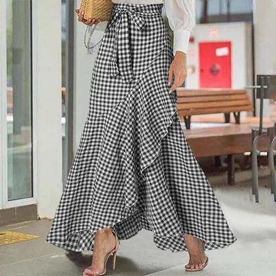 Women Casual Retro Plaid Skirts Women Elegant Party Ruffled Long Skirts High Waist Bud Skirt Dresses Plus Size S-5XL