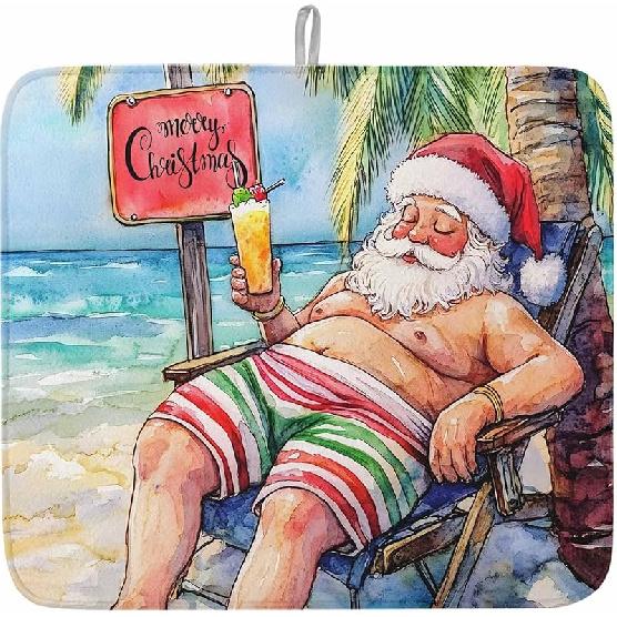 Christmas Dish Drying Mat for Kitchen Counter Santa Claus Merry Christmas Dry Mat Absorbent Dish Drainer Protector Pad Palm Tree Beach Ocean Dish 16 x 18 Inch