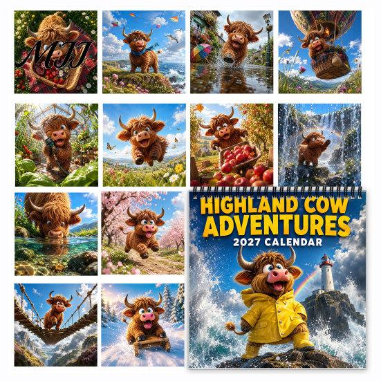 Large Grid Appointment Book 2027 Highland Cow Wall Calendar, 12-Month Adventure Themed Planner with Spiral Durable Coil Binding Calendar Binding,