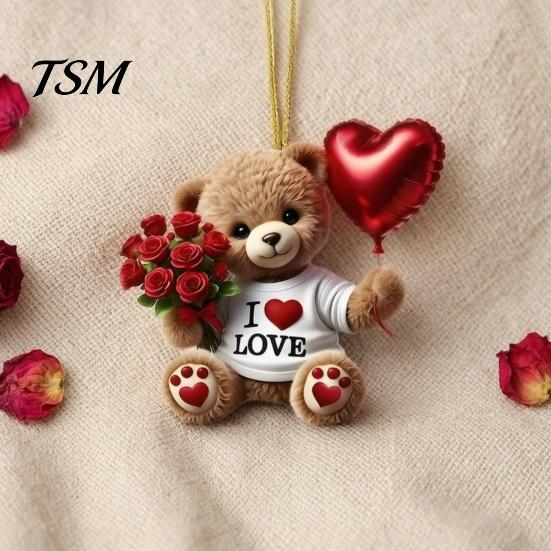 Clear Printed Acrylic Charm Teddy Bear Hanging Ornament, Holding Heart Balloon Red Rose Bouquet Decoration, Cute Backpack Car Rearview Mirror 2D Flat