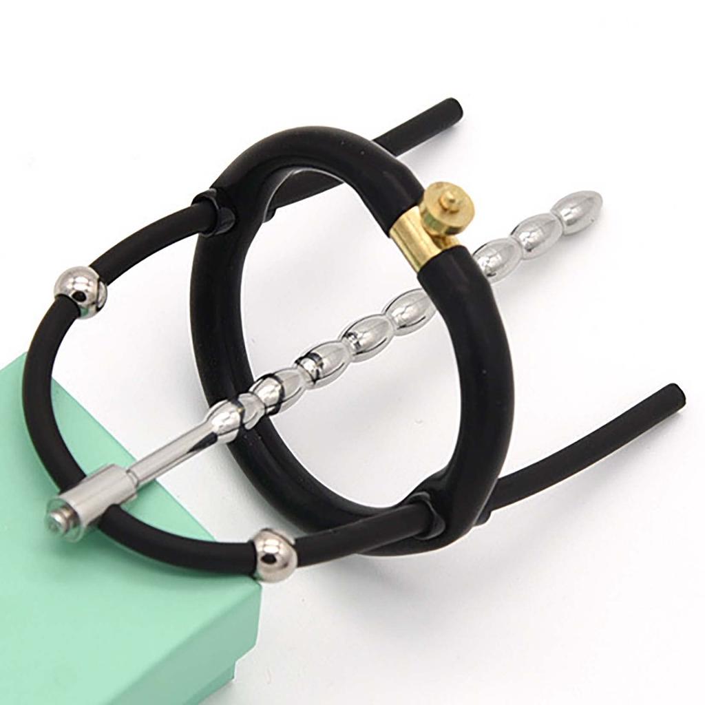 Yemax Urethral Plug and Penis Ring Integrated with Wire Cock Ring Penis Ring Silicone with Metal Steel Ball Penis Plug Metal Removable Adult Toys for