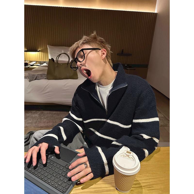 Herren warmer modischer Übergröße schwerer Pullover weicher hochwertiger Stoff Halbreißverschluss Revers Pullover locker lässig Sport Langarm Strickware