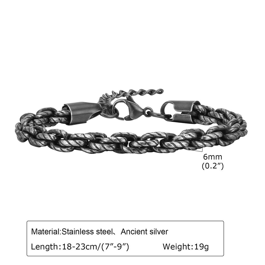 Men Snake Link Chain Bracelets, Black Silver Color Twisted Stainless Steel Glossy Chain Bracelet, Comfort Wear Jewelry