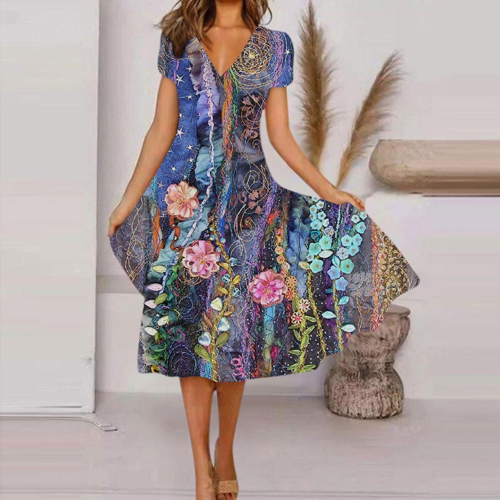 

Женское летнее повседневное модное свободное платье с коротким рукавом и v-образным вырезом с цветочным принтом XXL