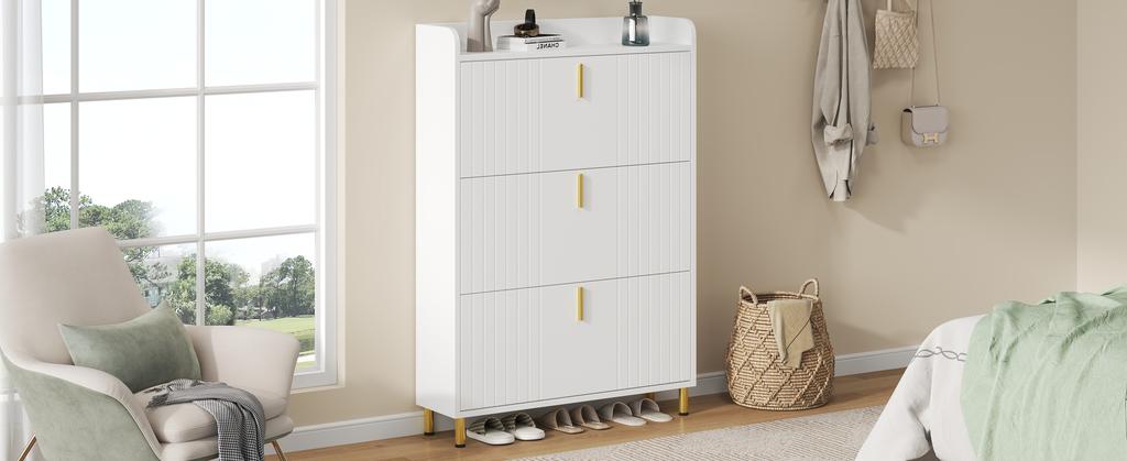 Mobiletto per scarpe a 3 ante, Scarpiera stretta, con 6 scomparti, Bianco, Regolabile, Dispositivo anti-ribaltamento per l'ingresso, 80*23.5*123.5cm