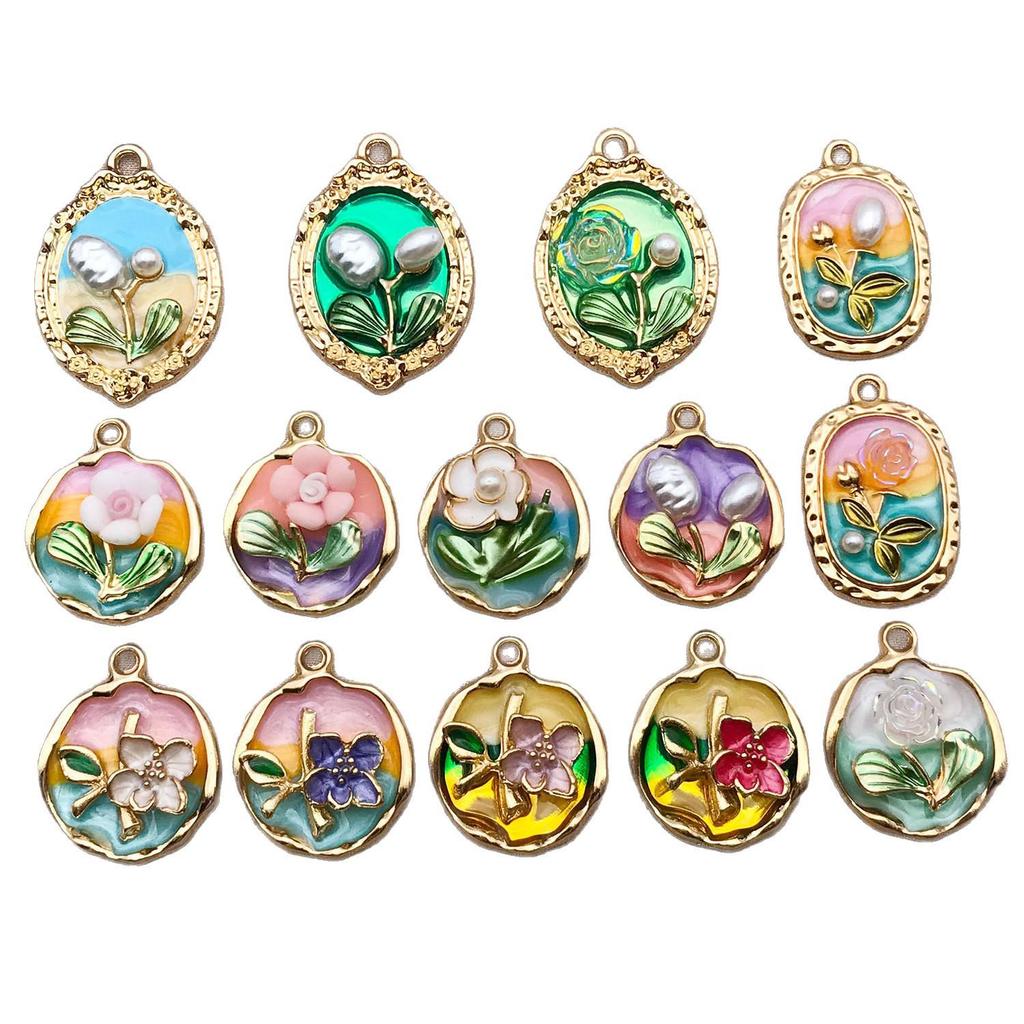 French Retro Luxury Enamel Earrings & Necklace Set: Monet's Garden Oil Painting Flower Design