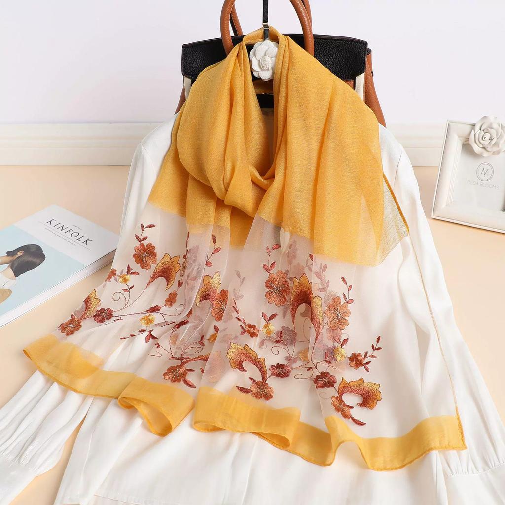 Silk Women Scarf Warm Wool Shawls Lady Wraps Floral Pashmina Embroidery Scarves Foulard Hijab New Long Female Hair Bandana