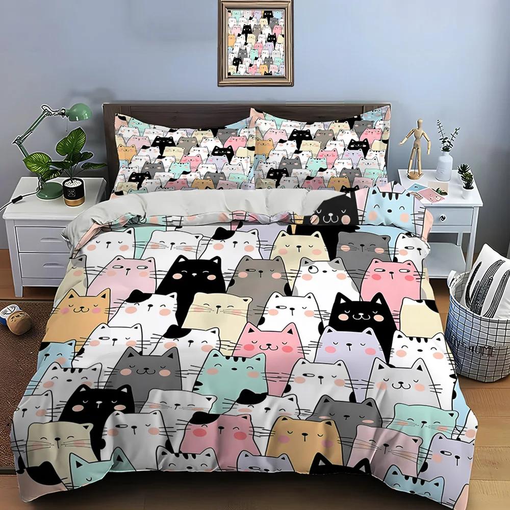 Duvet Cover 1 Duvet Cover 2 Pillowcases Adult And Children Bedding Set Luxury Comforter Set Cute Cartoon Cats Print Bedding Set