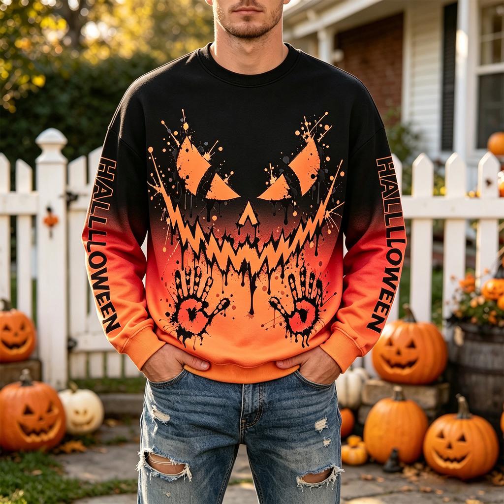 Men's Casual Halloween Printed Neck Long Sleeve Sweatshirt Pullover