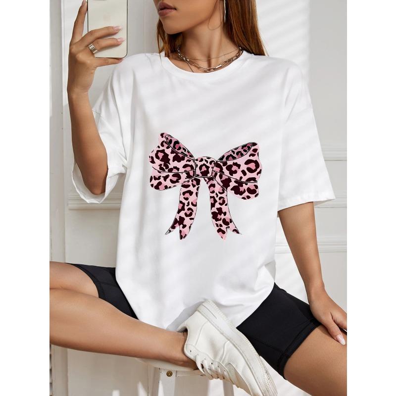 Oversized T-Shirt with Pink Leopard-Print Bow Print – Sweet-Edgy Color-Block Girly Top