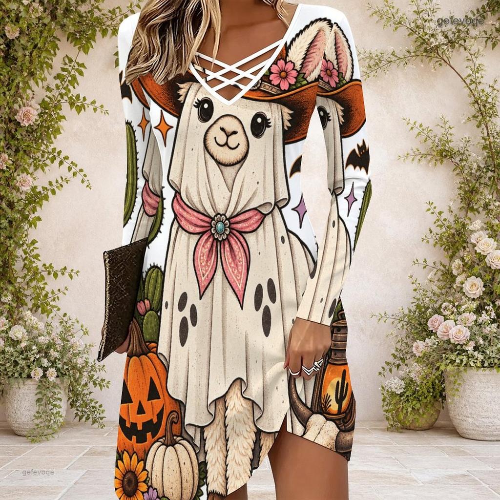 Women Multicolor Printed Criss Cross V Neck Long Sleeve Fitted Curved Hem Dress