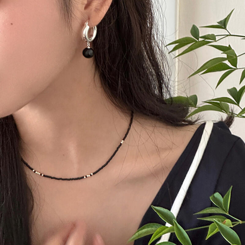 Saana Black Onyx Silver Ball Choker Layered Necklace