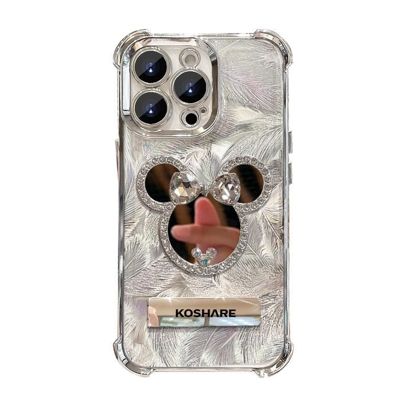 Diamond-encrusted mouse mirror bracket bracelet, suitable for Apple 16 feather mobile phone case 15 electroplated four-corner airbag 14 premium