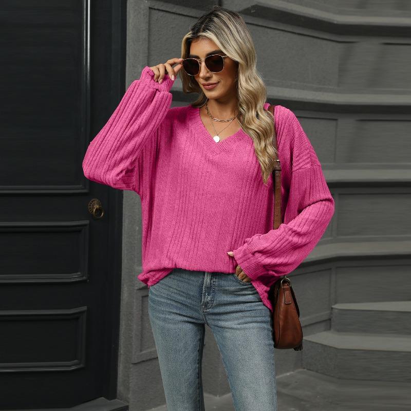 Autumn and Winter V-neck Loose Casual Long Sleeved T-shirt Women Fashion Elegant Simple New Solid Color Top Office Shirt Women's Clothing
