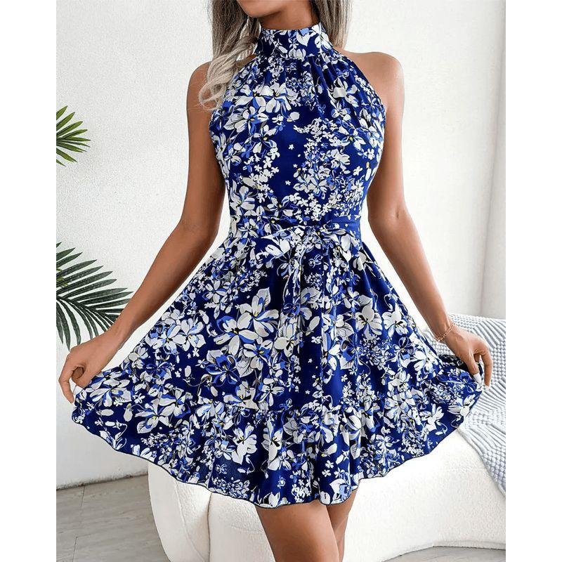 

Весна Новое цветочное платье Лето Новое поступление Модный стиль Воланы Большой клеш Завязки на плечах Цветочное платье Blue Flower M