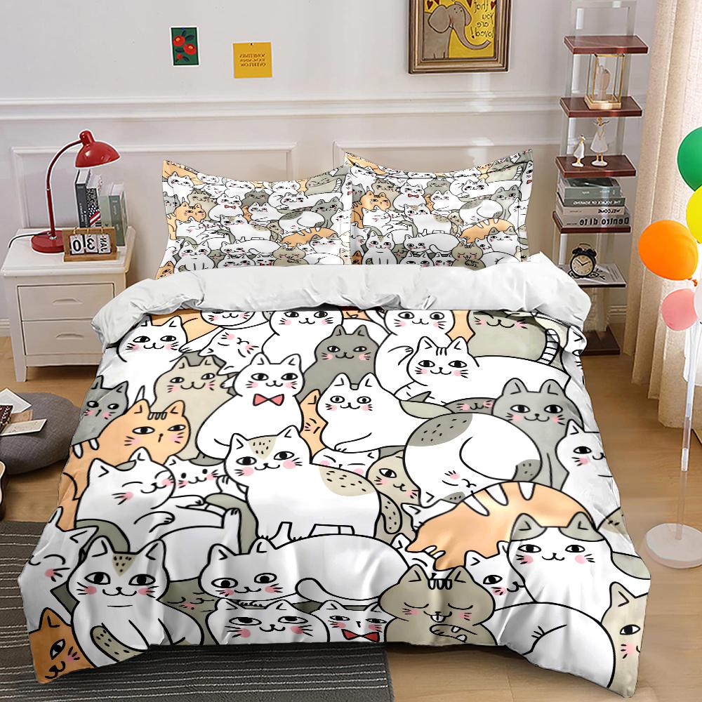 Multiple Size Cartoon Cats Cluster Bedding Set For Kids Luxury Gift 3Pcs Digital Print Comforter Set Soft Comfortable Breathable