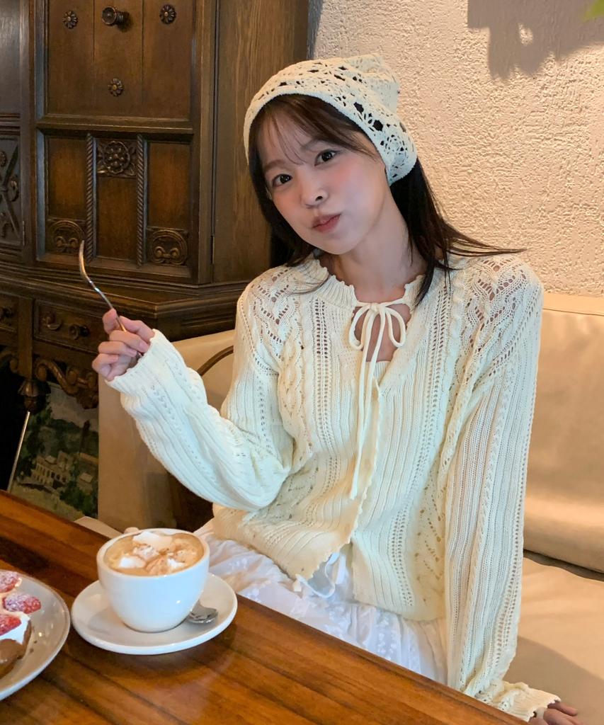 CLUNY [Set] Daisy Leaf Scallop Knit Cardigan - Butter