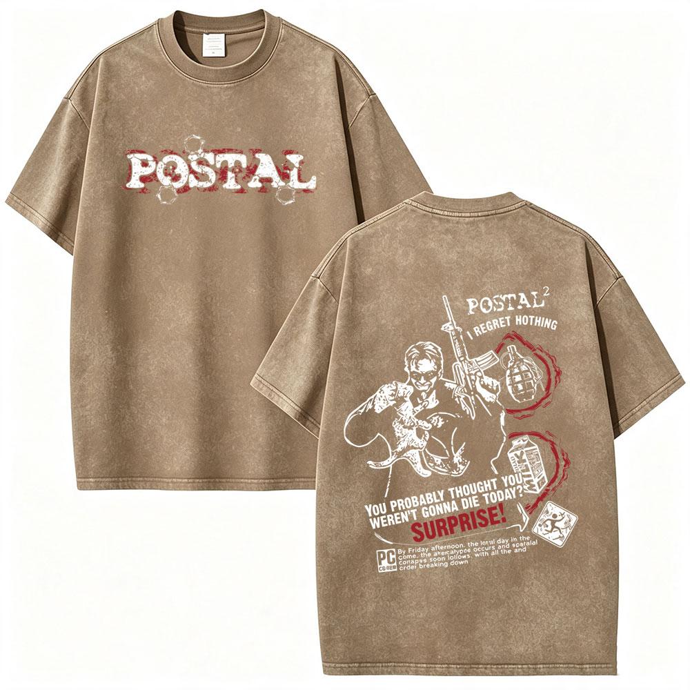 Postal Dude I Regret Nothing Vintage Washed T-shirt Men Women Horror Gothic Rock T Shirts Men's Casual Retro Oversized T-shirts
