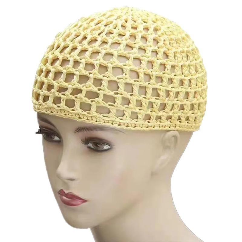New adult hair cap hollow Baotou cap solid color knitted mesh cap tie hair fishing net turban cap