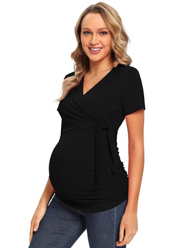 

2021 Женский повседневный топ для беременных с V-образным вырезом, коротким рукавом и узлом S чёрный