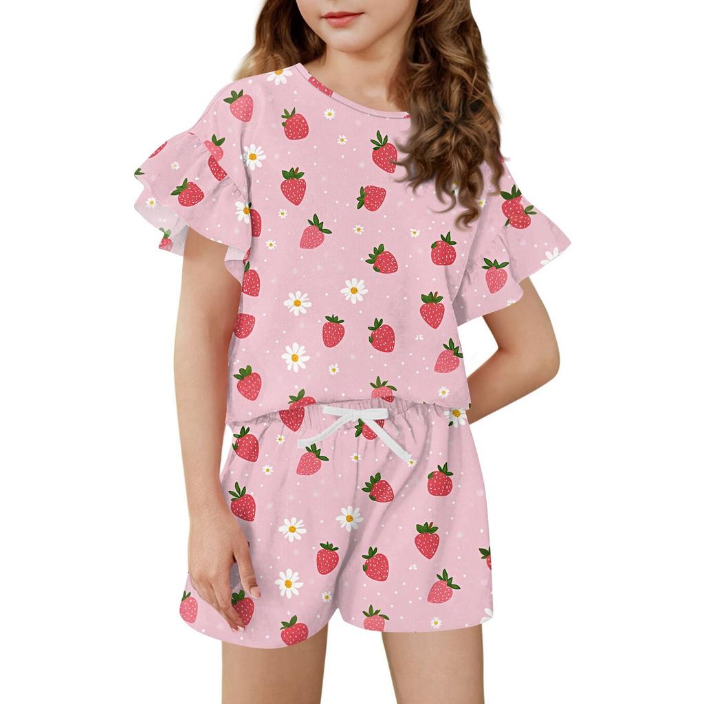 Girls' Summer Outfit Ruffle Sleeve Top And Shorts Clothing Set Lightweight Casual Two Piece