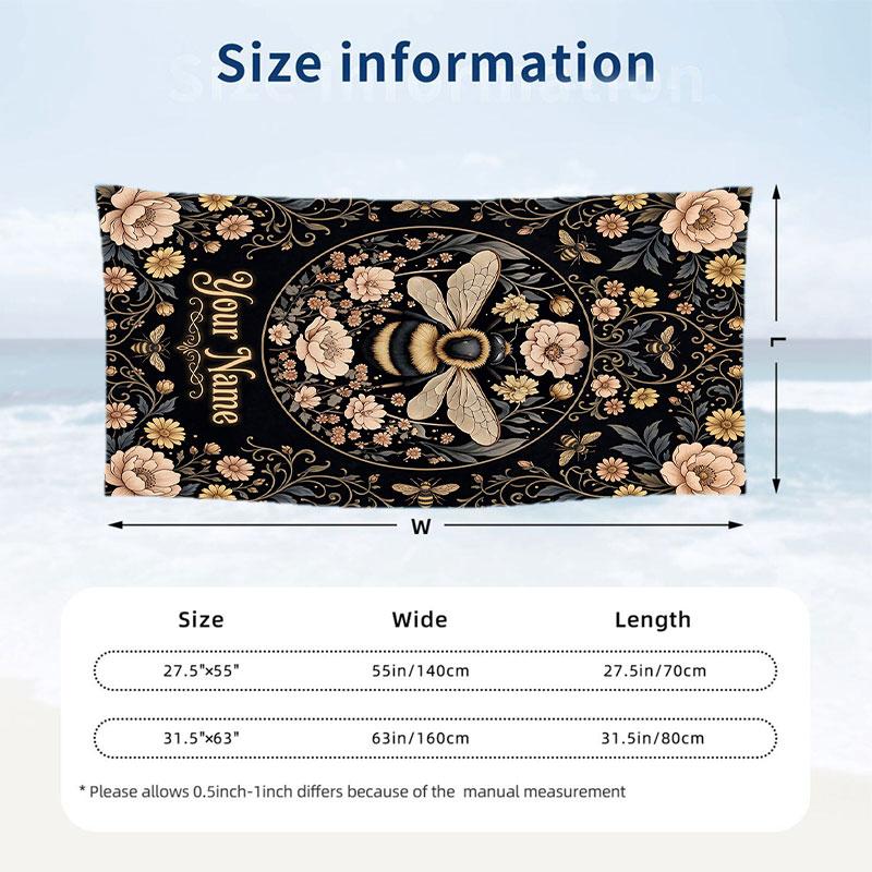 Bee Floral Garden Theme Quick Dry Beach Towel Custom Name Text Print Large Sand Resistant Towel Beach Vacation