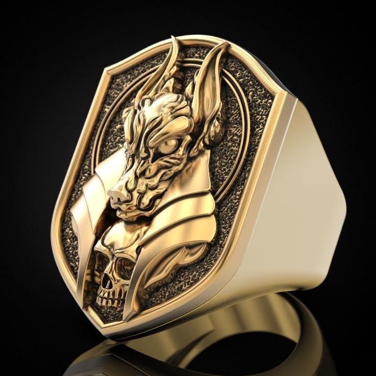 Zhenrong Anubis 18k Gold-Plated Men's Ring - Creative Ancient Egyptian Mythology Design with Jackal Head and Human Body.