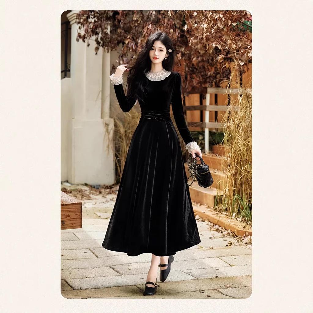 Elegant French Hepburn-Style Black Velvet Dress for Women - Autumn/Winter New Year Party Long Skirt