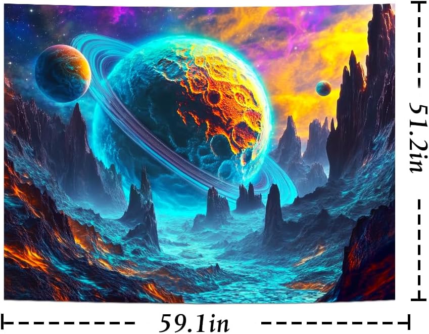 Yuiqear Psychedelic Planet Tapestry Trippy Galaxy Space Tapestries Neon Starry Sky Wall Decor Mysterious Universe Mountain Tapes