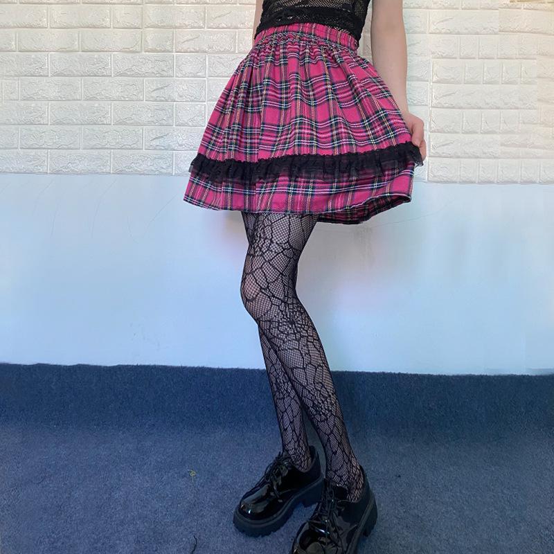 Y2K Plaid Lace Patchwork High-Waisted Mini Skirt, Elastic Waist Slimming A-Line, Pleated JK Visual Kei