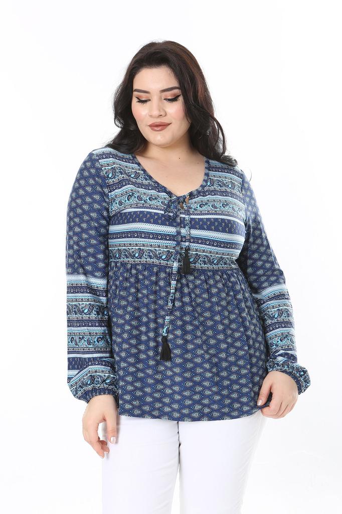 Damen Übergröße Bluse Plus Size Blau Kusskragen Taille Elastisch Detaillierte Bluse