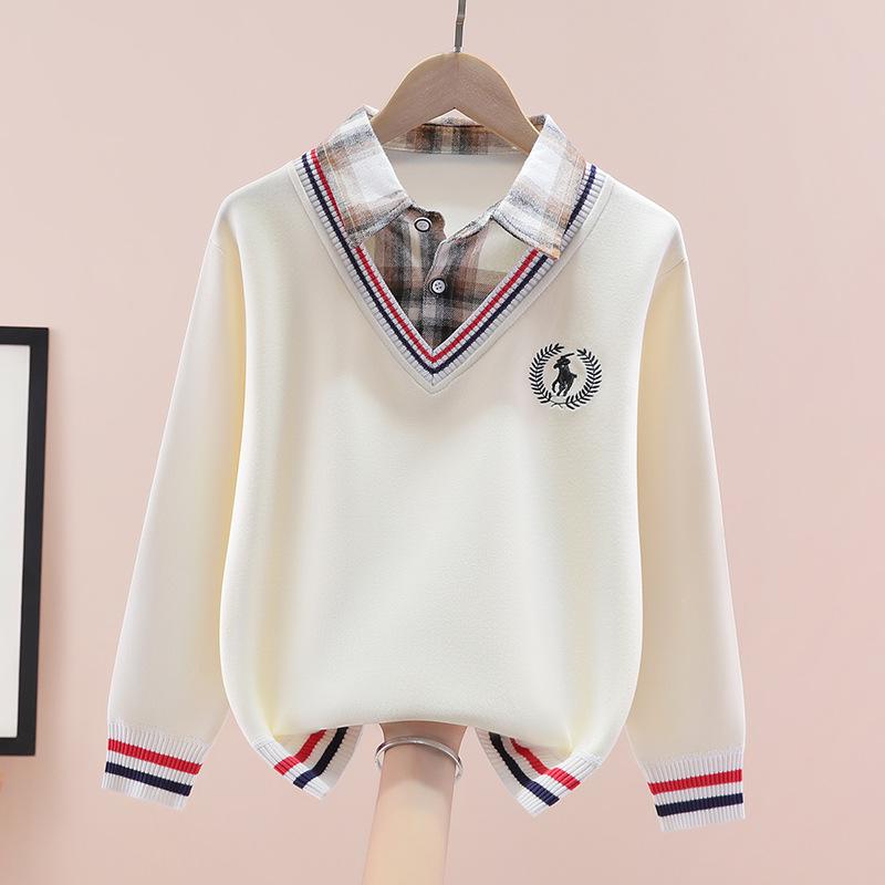 Boys' Autumn/Winter Fake Two-Piece Fleece Pullover Long-Sleeve T-Shirt