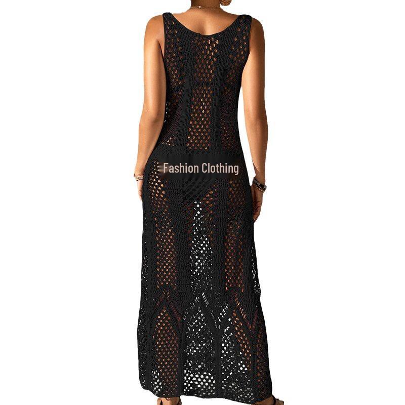 European & American Fashion Vacation Dress: Sexy U-neck, Solid Color, Spaghetti Strap, Cutout Long Beach Dress with Sun Protection