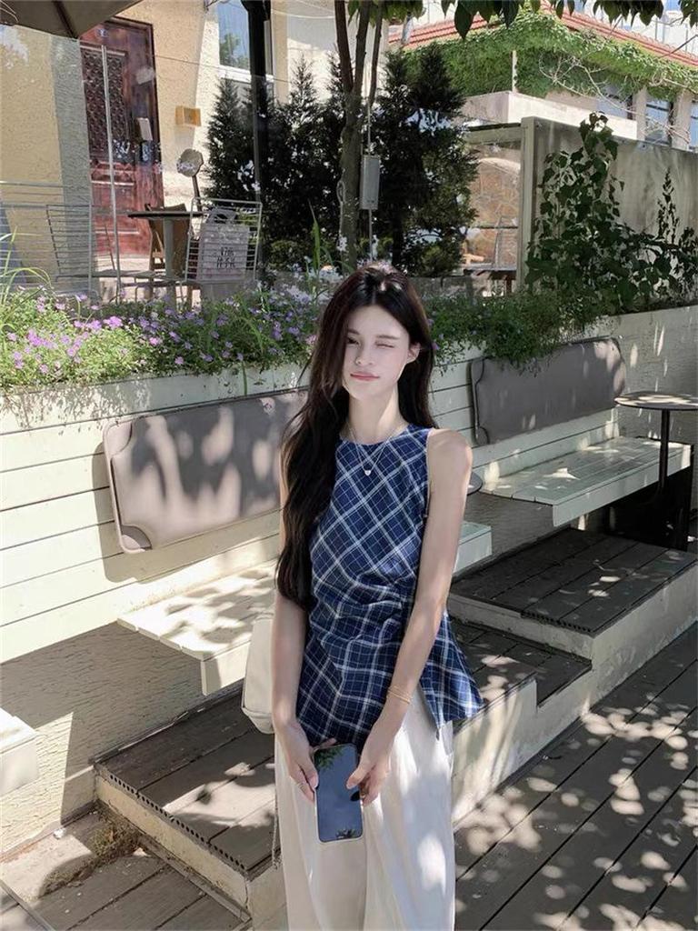 Women's Summer Retro Irregular Plaid Vest with Cinched Waist