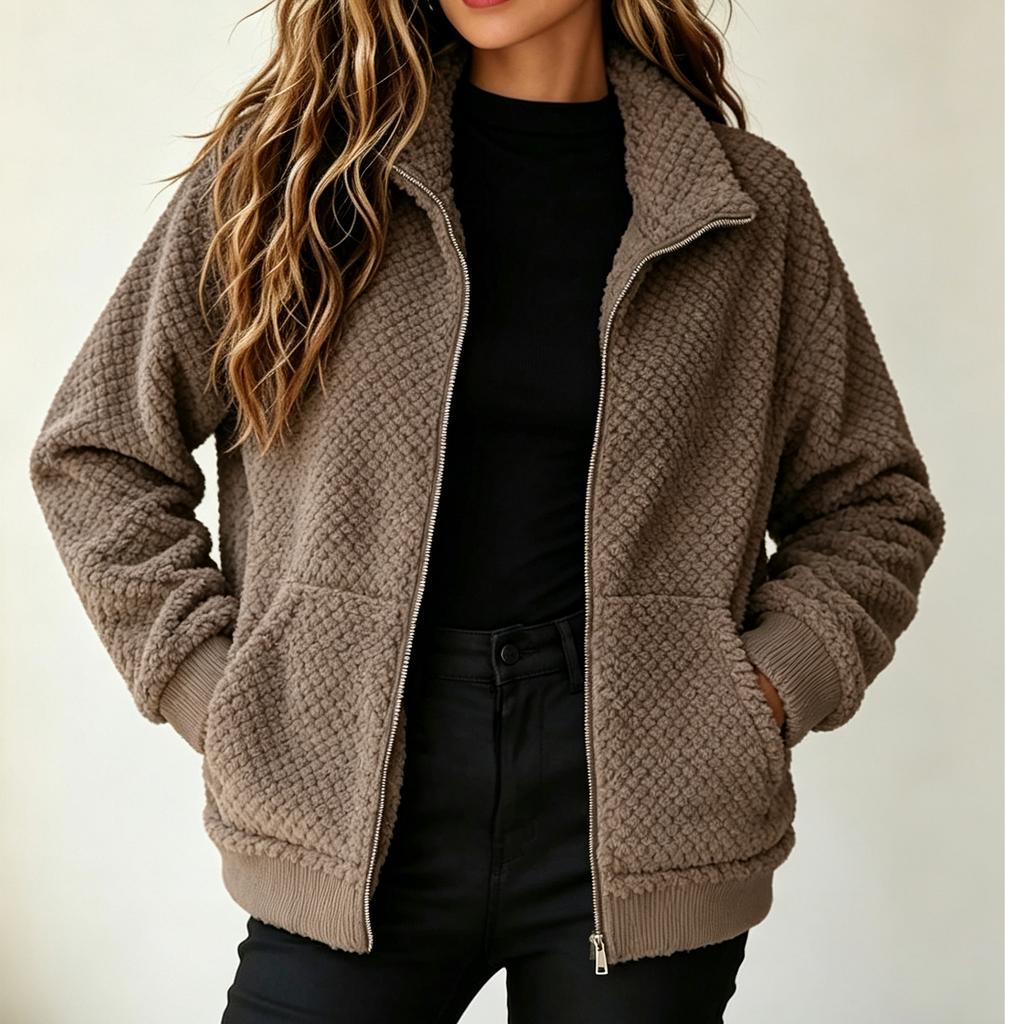 Damen Freizeitjacke mit lockerem Schnitt, Reißverschluss, Reverskragen und Taschen
