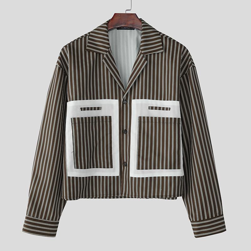 INCERUN Übergroße Herren Langarm Gestreiftes Druckhemd Lässig Locker Knopfleisten-Oberteile