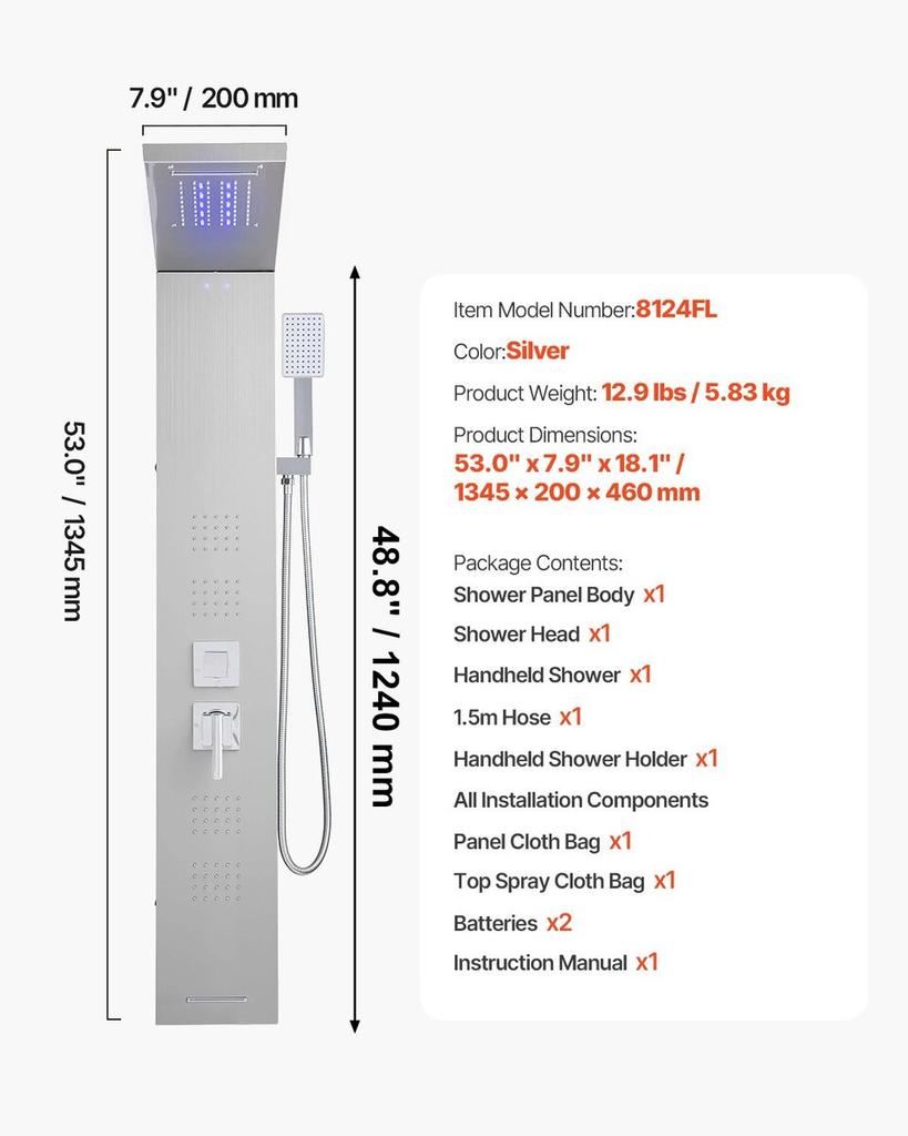 Shower Panel Tower System Stainless Steel Column Rainfall Head 5 Modes