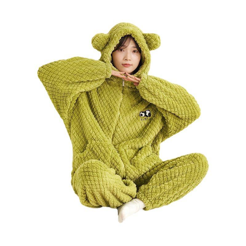 Women's Thickened Coral Fleece Hooded Pajamas - Two-Piece Zip-Up Set for Winter, Comfy Homewear or Outerwear