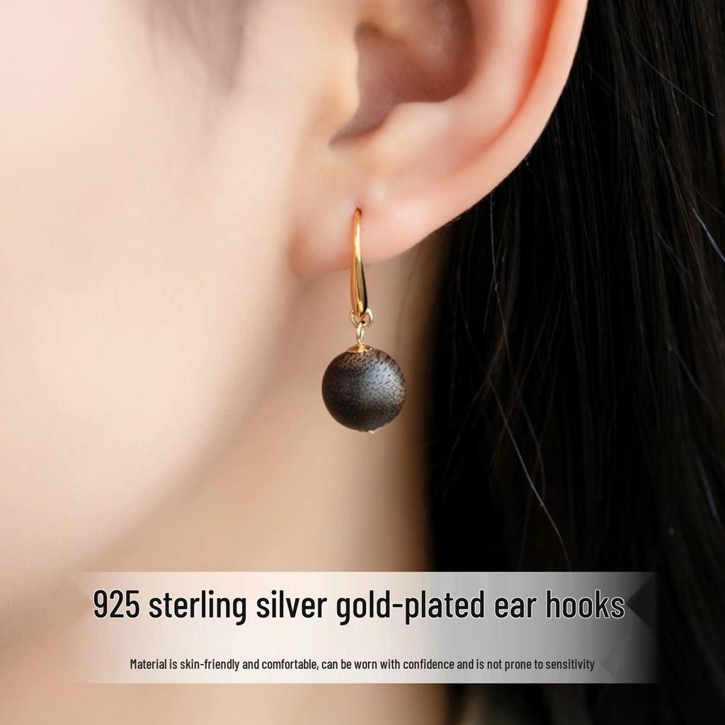 Qinan Agarwood Sandalwood Dangle Earrings - Chinese Style Natural Wood Ear Hooks