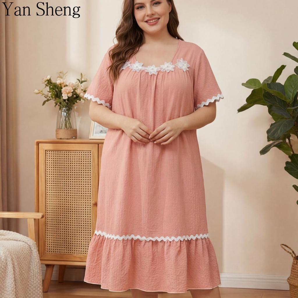 Women Nightgown Seersucker Floral Square Collar Short Sleeve Long Robe Loose Summer Loungewear Sleepwear