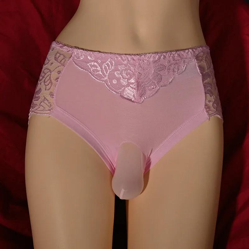 M-3Xl Large Size Sissy Pouch Panties Men Lace See Through Crossdressing Briefs Bullet Separation Underpant Gay Erotic Brief