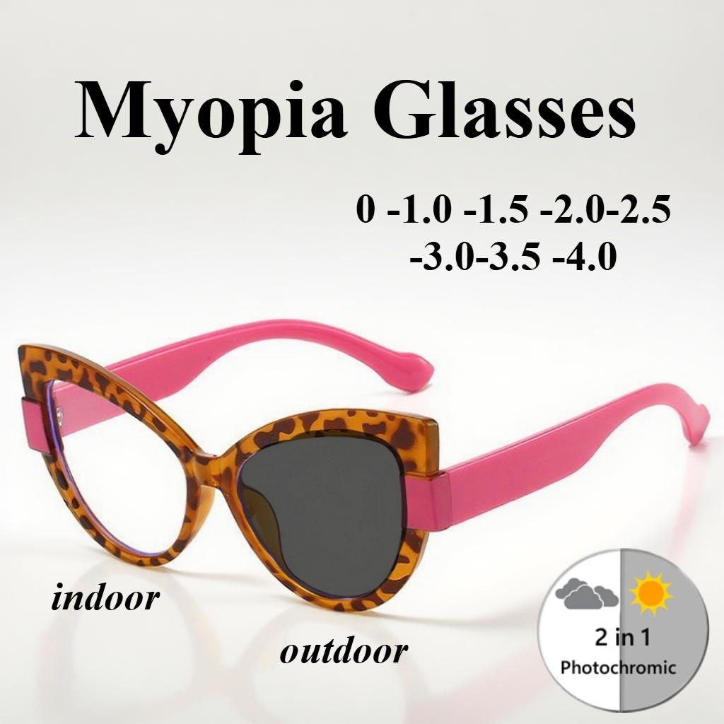 Neutral New Fashion Cat Eye Photochromic Myopia Glasses Anti-Ultraviolet Sunglasses Retro Large Frame Myopia Glasses -4.0