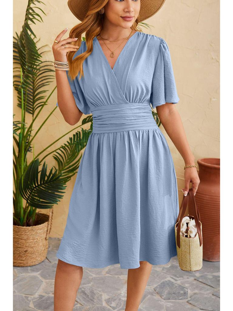 2024 Spring/Summer Women's V-Neck Waist-Cinching Flared Sleeve Dress