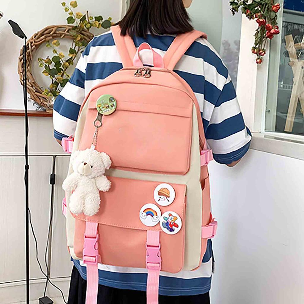 5Pcs School Bags Set Large Capacity Shoulder Bag Stationery Bag Coin Purse Canvas Student Bags Set for Boys Girls Pink